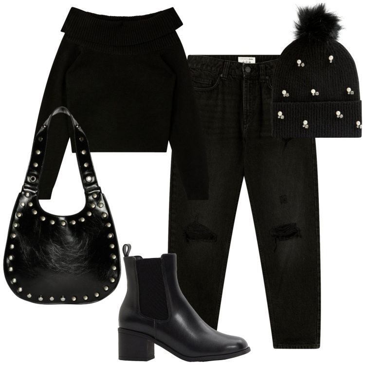 Outfit donna - Ottobre. Stile Casual per Tutti i giorni. Abbinamento con stivaletti, maglieria, berretti, jeans mom, borse a spalla.