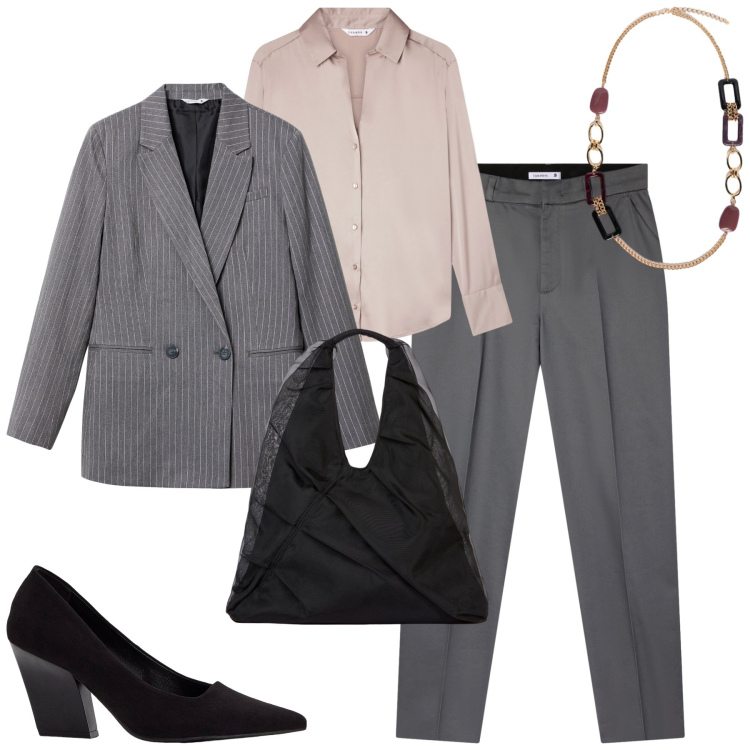 Outfit donna - Fall. Stile Urban per Ufficio. Abbinamento con décolleté, pantaloni chino, camicie, blazer, collane, shopping bag.
