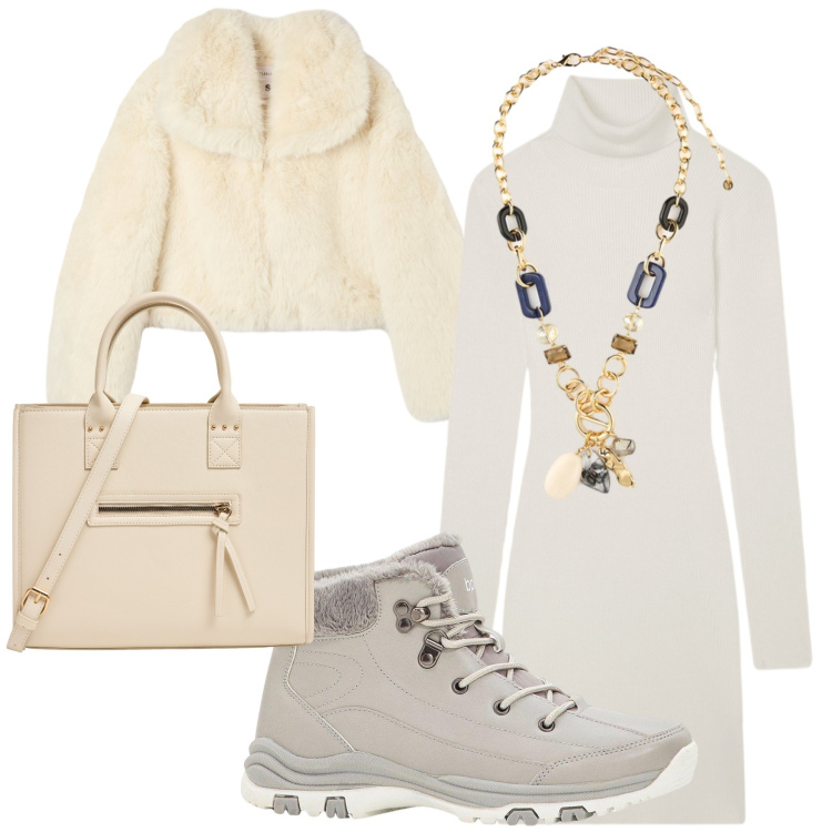 Outfit donna - Pomeriggio al caldo. Stile Sporty chic per Tutti i giorni. Abbinamento con stivaletti, vestiti corti, shopping bag, ecopellicce, collane.