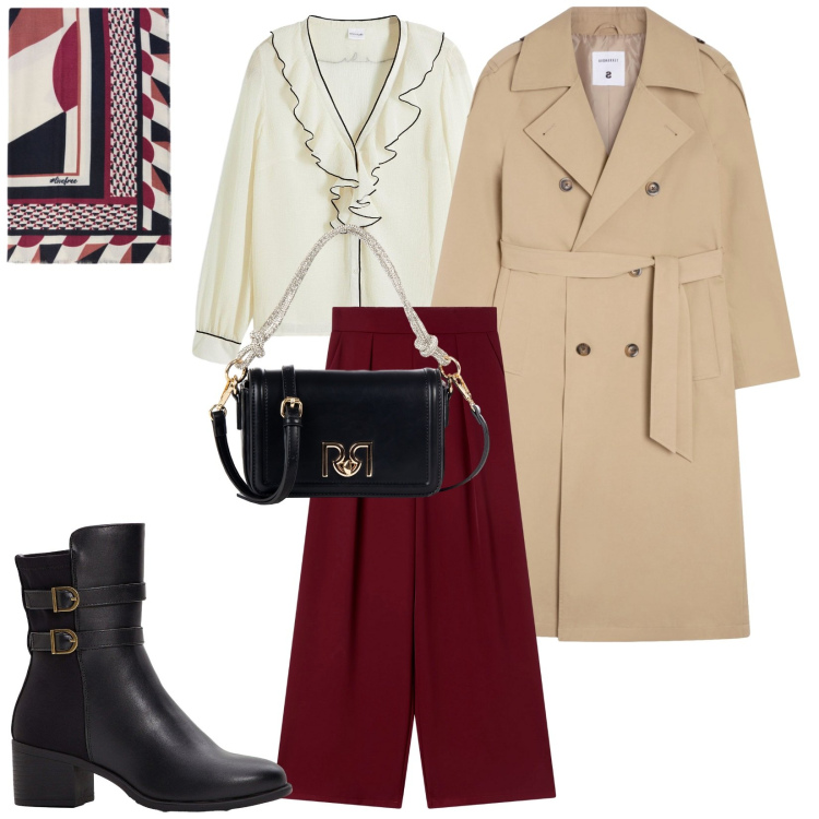 Outfit donna - Total look #2274765. Stile Casual chic per Ufficio. Abbinamento con camicie, stivaletti, pantaloni, trench, borse a mano, foulard.