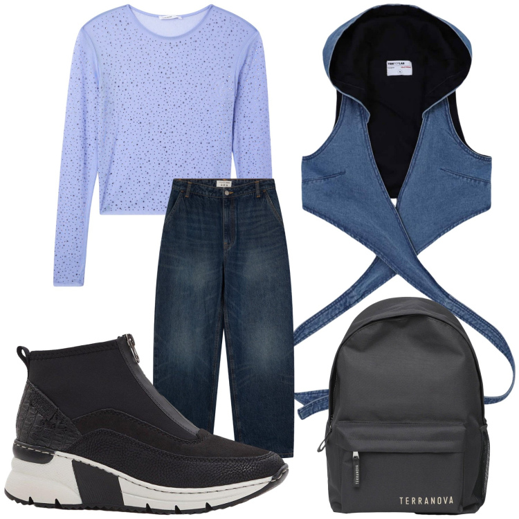 Outfit donna - Giacca particolare ed originale. Stile Trendy per Tutti i giorni. Abbinamento con sneakers, gilet, maglieria, zaini, jeans.