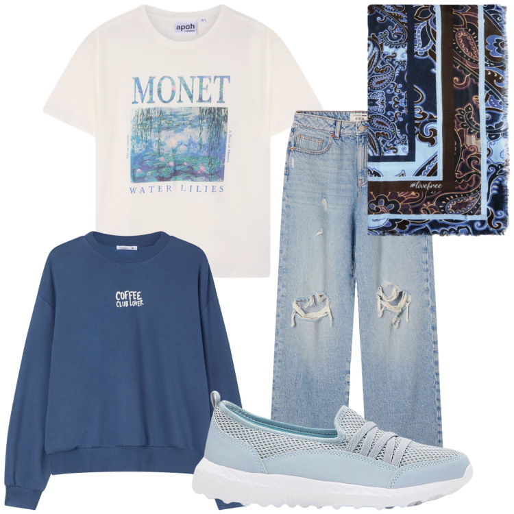 Outfit donna - Impressionismo. Stile Casual chic per Tutti i giorni. Abbinamento con sneakers, felpe, t-shirt, jeans strappati, foulard.