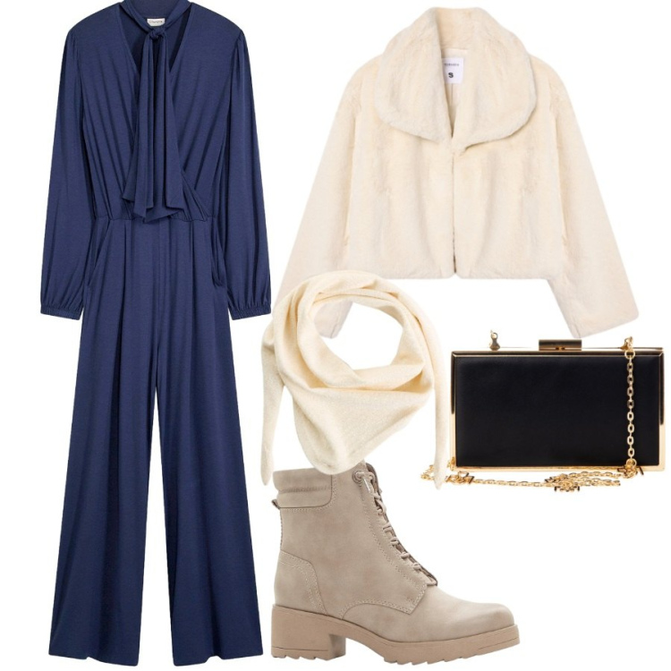 Outfit donna - Jumpsuit e pellicciotto. Stile Glamour per Serata fuori. Abbinamento con tute, stivaletti, sciarpe, ecopellicce, pochette.