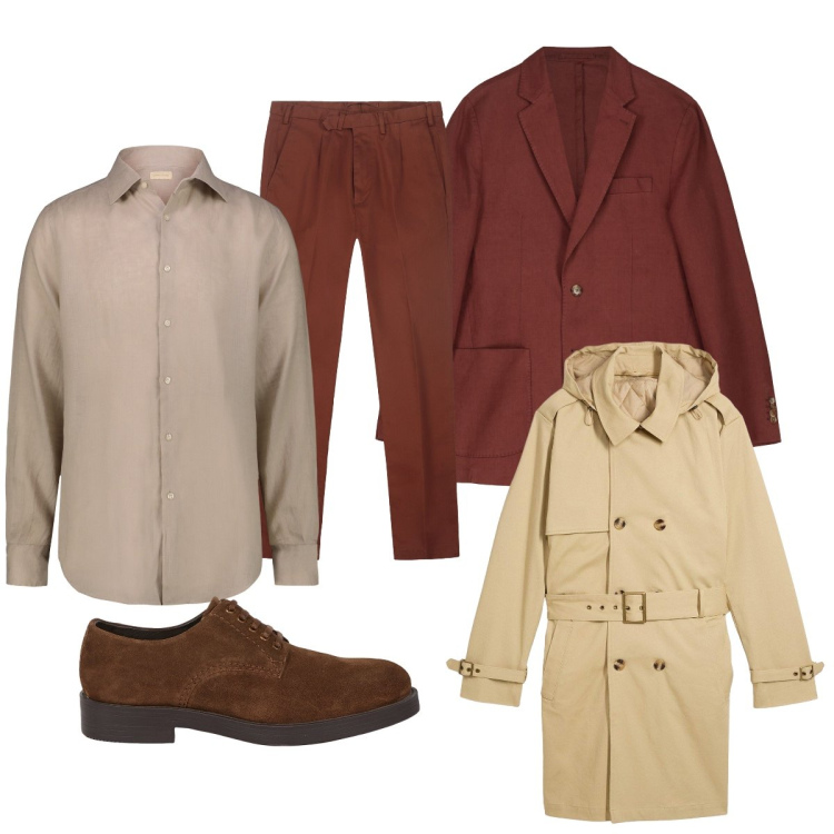 Outfit uomo - Il pratico trench. Stile Trendy per Ufficio. Abbinamento con trench, scarpe stringate, camicie, giacche, pantaloni.