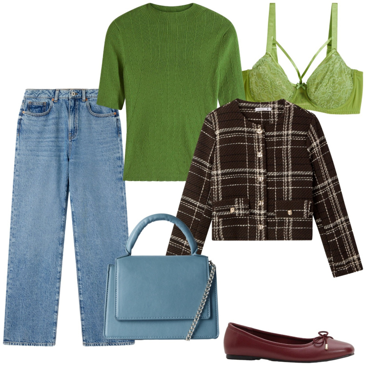 Outfit donna - Total look #2274776. Stile Basic per Tutti i giorni. Abbinamento con reggiseni, ballerine, maglieria, borse a tracolla, jeans dritti, blazer.