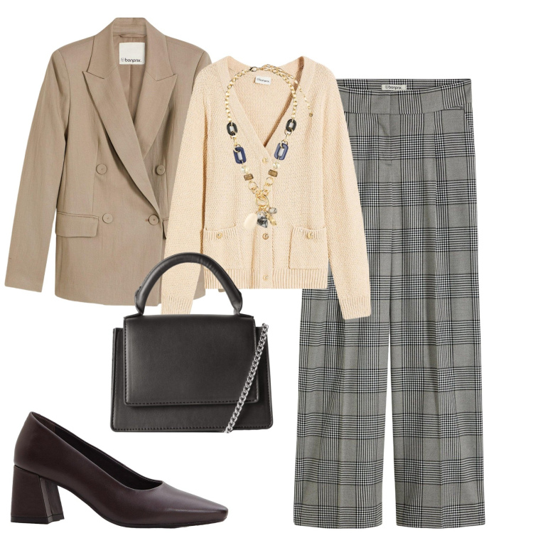Outfit donna - Ottobre. Stile Urban per Tutti i giorni. Abbinamento con pantaloni, blazer, cardigans, décolleté, borse a tracolla, collane.