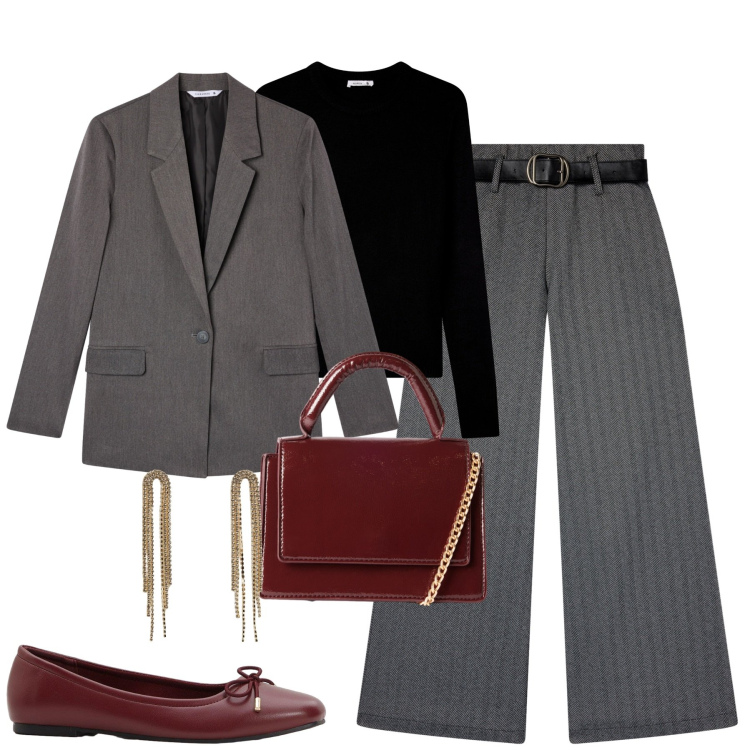 Outfit donna - In ufficio. Stile Urban per Ufficio. Abbinamento con ballerine, blazer, pantaloni, orecchini, borse a tracolla, maglieria.