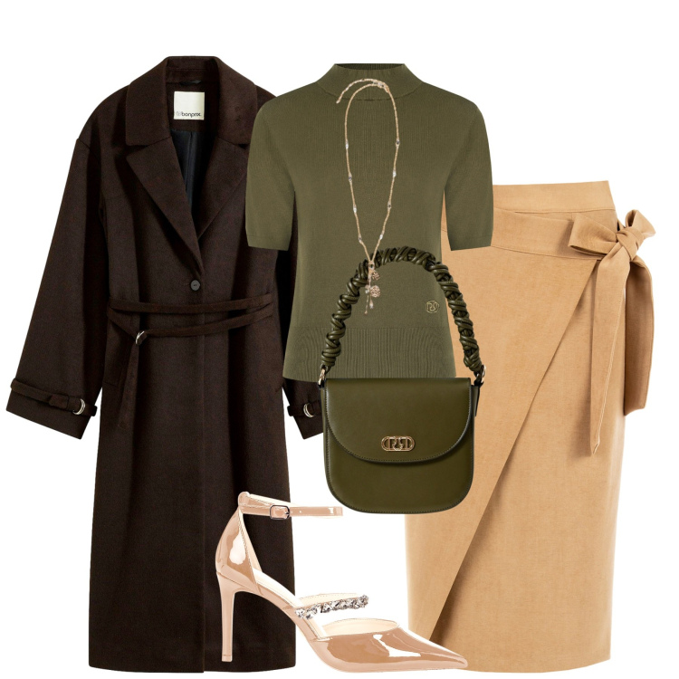 Outfit donna - City. Stile Urban per Tutti i giorni. Abbinamento con cappotti, pullovers, borse a mano, décolleté, gonne longuette, ciondoli.