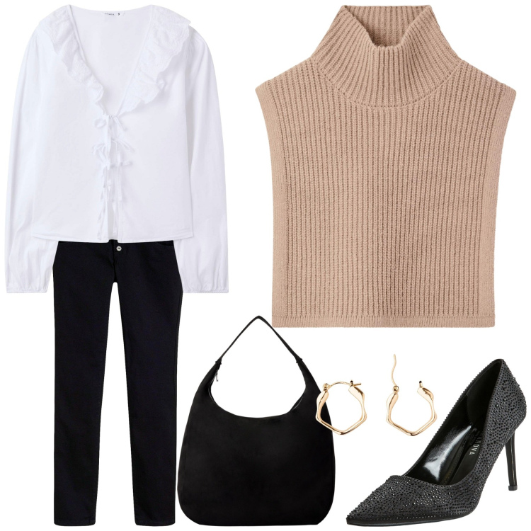 Outfit donna - Metti una sera a cena. Stile Chic per Serata fuori. Abbinamento con orecchini, pantaloni skinny, décolleté, camicie, borse a mano, cappotti.