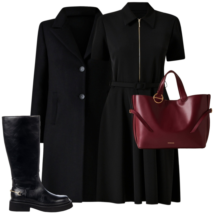 Outfit donna - Ottobre. Stile Chic per Tutti i giorni. Abbinamento con vestiti corti, cappotti, stivali sopra il ginocchio, shopping bag.