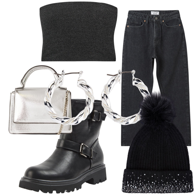 Outfit donna - Rock Halloween. Stile Rock per Serata fuori. Abbinamento con orecchini, jeans mom, stivaletti, top, borse a tracolla, berretti.