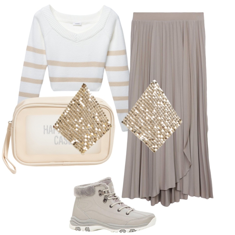 Outfit donna - A touch of gold. Stile Trendy per Tutti i giorni. Abbinamento con stivaletti, orecchini, gonne lunghe, maglieria, valigie.