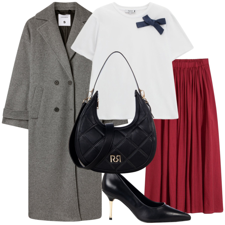 Outfit donna - Un fiocco per il lavoro. Stile Chic per Ufficio. Abbinamento con gonne lunghe, cappotti, borse a tracolla, décolleté, t-shirt.