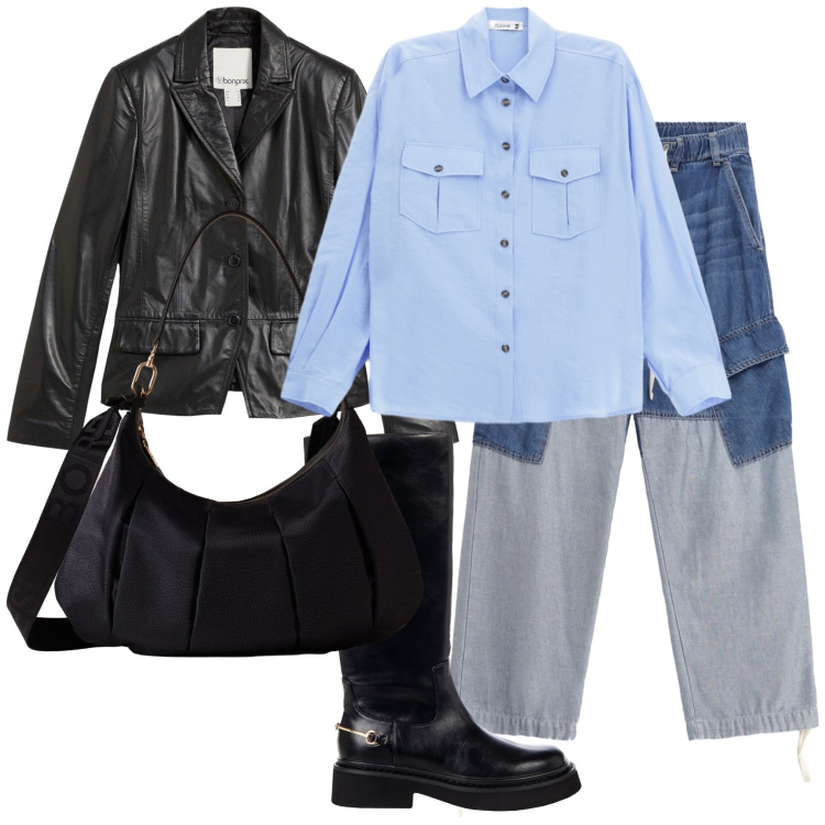 Outfit donna - Cargo e pelle. Stile Casual chic per Tutti i giorni. Abbinamento con blazer, stivali sopra il ginocchio, jeans, camicie, borse a spalla.