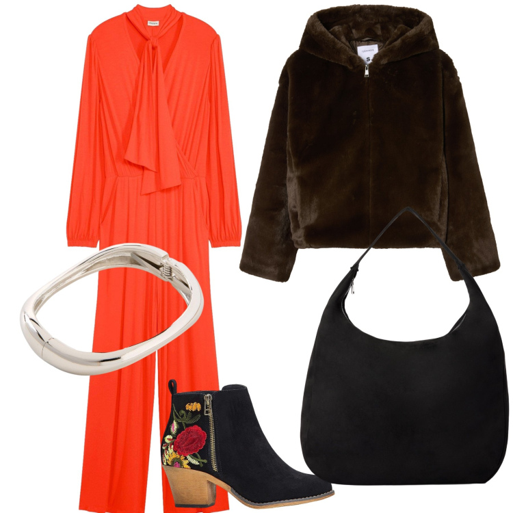 Outfit donna - Una tuta vivace per serata allegra. Stile Urban per Serata fuori. Abbinamento con stivaletti, braccialetti, tute, borse a mano, ecopellicce.
