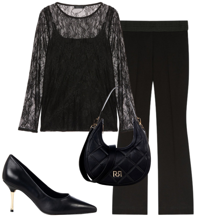 Outfit donna - A cena. Stile Chic per Serata fuori. Abbinamento con borse a tracolla, décolleté, pantaloni, bluse.