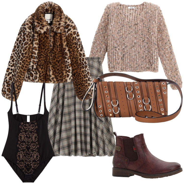 Outfit donna - Total look. Stile Preppy per Tutti i giorni. Abbinamento con stivaletti chelsea, ecopellicce, body, borse a spalla, gonne longuette, maglieria.