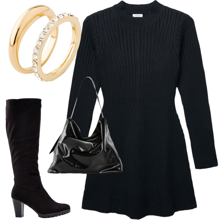 Outfit donna - Minimal. Stile Minimal per Tutti i giorni. Abbinamento con stivali, anelli, shopping bag, vestiti corti.