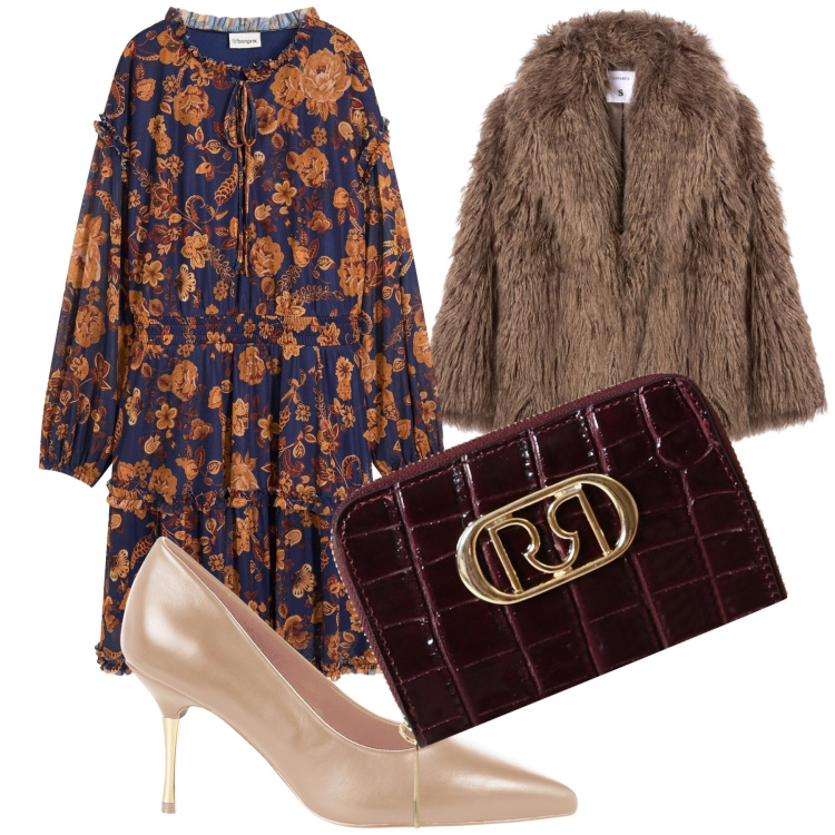 Outfit donna - Cerimonia a fiori. Stile Bon Ton per Cerimonia. Abbinamento con vestiti, ecopellicce, décolleté, portafogli.