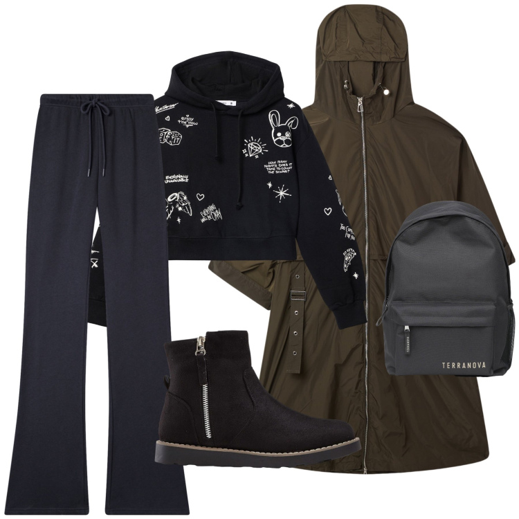 Outfit donna - It s raining. Stile Basic per Tutti i giorni. Abbinamento con stivaletti, trench, zaini, pantaloni, felpe con cappuccio.