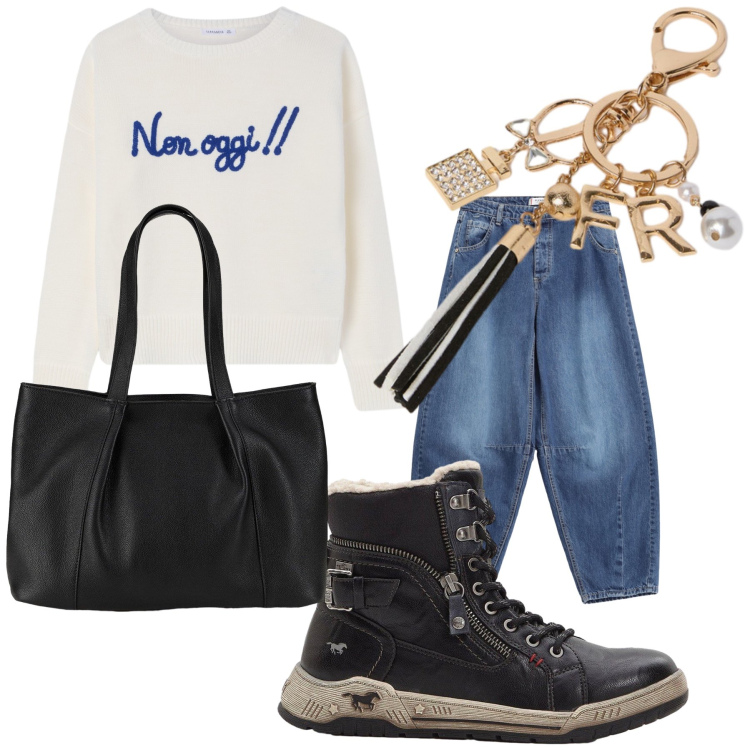 Outfit donna - Casual con tocco. Stile Casual per Tutti i giorni. Abbinamento con shopping bag, sneakers alte, maglieria, jeans, portachiavi.