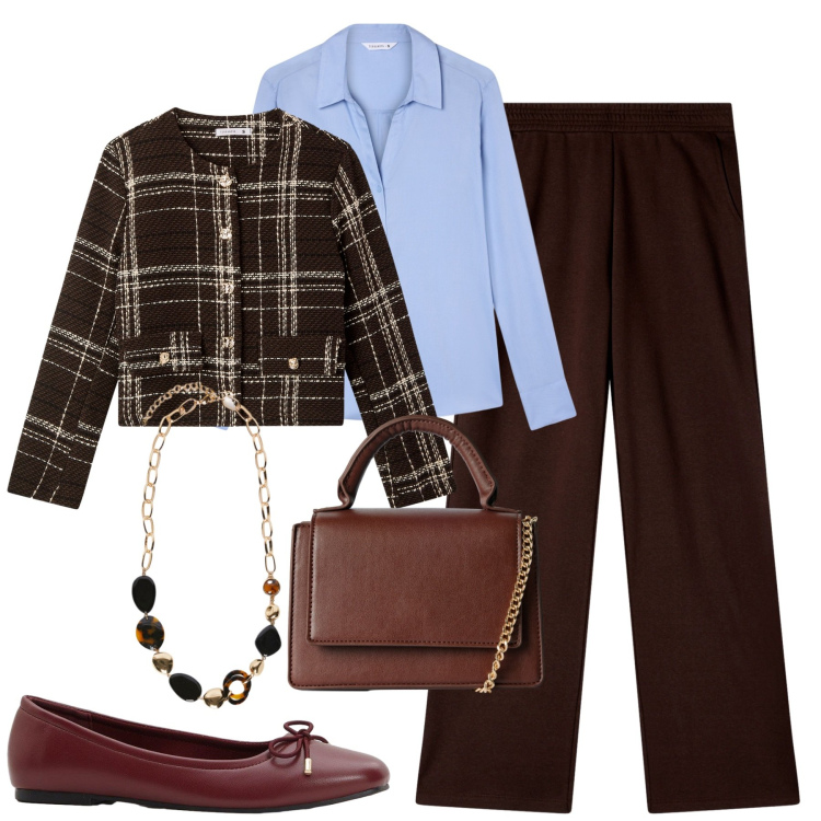 Outfit donna - City. Stile Urban per Tutti i giorni. Abbinamento con ballerine, blazer, camicie, pantaloni, borse a tracolla, collane.