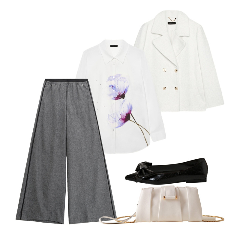 Outfit donna - La camicia con la stampa floreale. Stile Minimal per Cerimonia. Abbinamento con ballerine, pantaloni, pochette, camicie, caban.