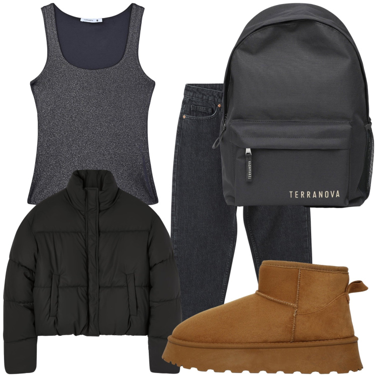 Outfit donna - Sempre Terranova. Stile Casual per Tutti i giorni. Abbinamento con jeans mom, top, zaini, stivali, bomber.