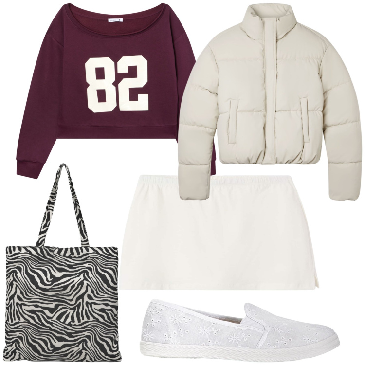 Outfit donna - Oggi mi sento giovane. Stile Preppy per Tutti i giorni. Abbinamento con ballerine, borse tote, bomber, felpe, minigonne.