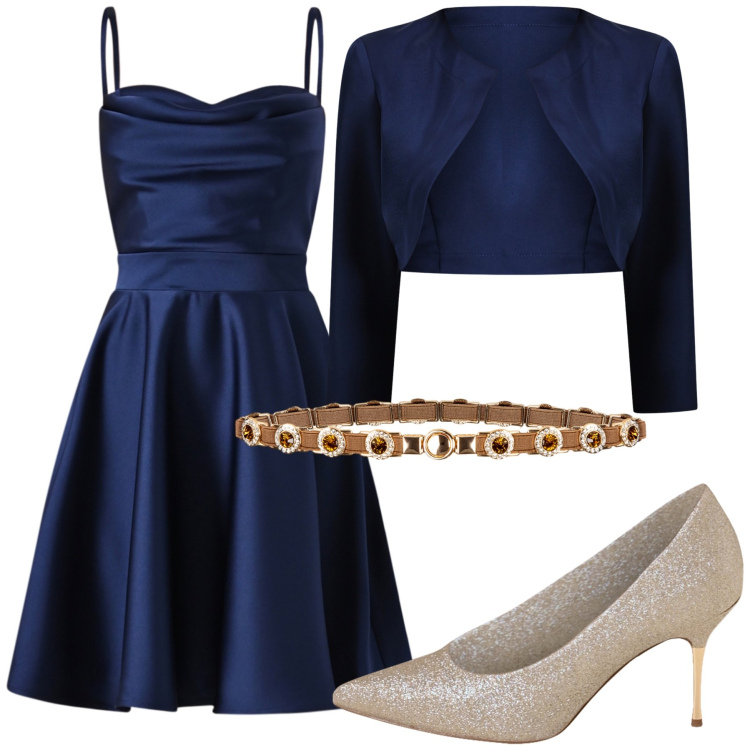 Outfit donna - Blue night. Stile Chic per Serata fuori. Abbinamento con vestiti corti, bolero, cinture, décolleté.