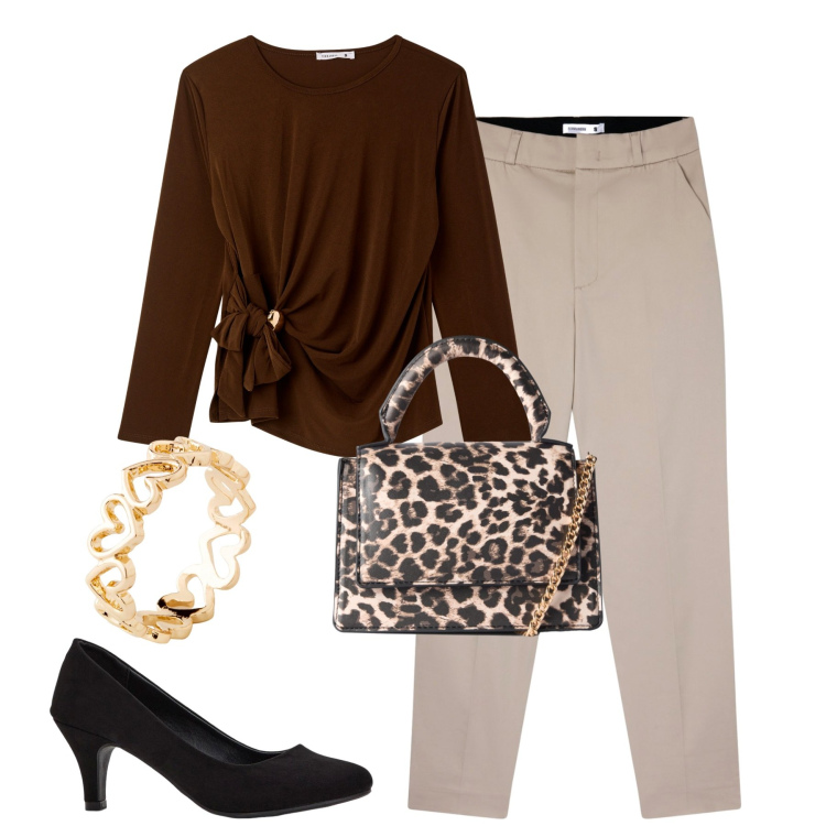 Outfit donna - Ottobre. Stile Urban per Tutti i giorni. Abbinamento con anelli, décolleté, pantaloni chino, bluse, borse a tracolla.