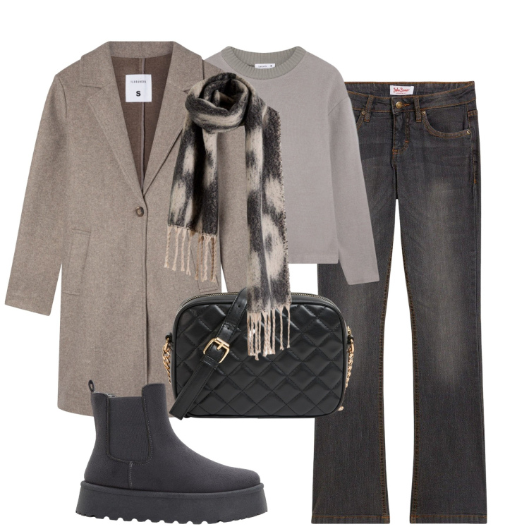 Outfit donna - City. Stile Casual chic per Tutti i giorni. Abbinamento con stivaletti chelsea, jeans bootcut, sciarpe, borse a tracolla, cappotti, maglieria.