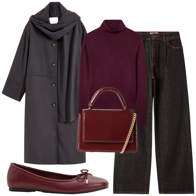 Outfit donna - Total look #2274825. Stile Casual chic per Tutti i giorni. Abbinamento con cappotti, ballerine, borse a tracolla, maglieria, jeans dritti.