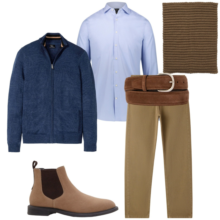 Outfit uomo - Total look #2274827. Stile Casual per Ufficio. Abbinamento con cardigans, stivali e stivaletti, scaldacollo, jeans dritti, camicie, cinture.