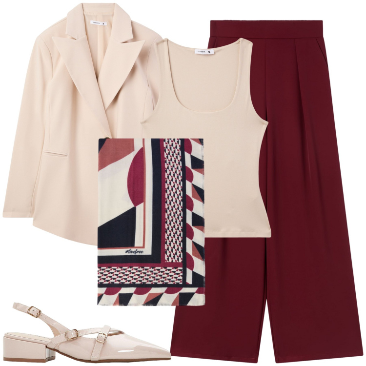 Outfit donna - Un contrasto da far innamorare. Stile Glamour per Tutti i giorni. Abbinamento con décolleté, canottiere, blazer, pantaloni, foulard.