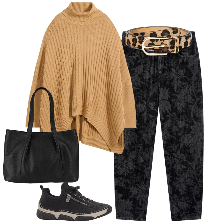 Outfit donna - City. Stile Casual chic per Tutti i giorni. Abbinamento con maglieria, shopping bag, sneakers, jeans, cinture.