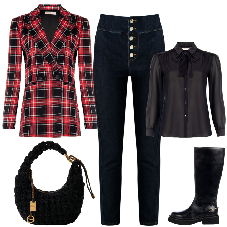 Outfit donna - La giacca scozzese. Stile Casual chic per Serata fuori. Abbinamento con borse a mano, jeans, camicie, stivali sopra il ginocchio, blazer.