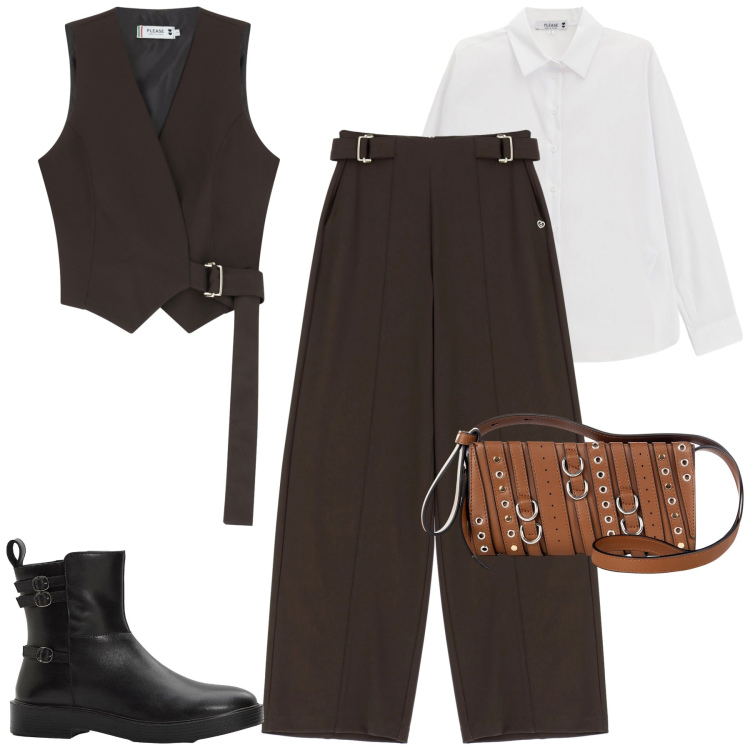 Outfit donna - Total look #2274832. Stile Casual chic per Tutti i giorni. Abbinamento con stivaletti, borse a spalla, pantaloni a palazzo, gilet, camicie.