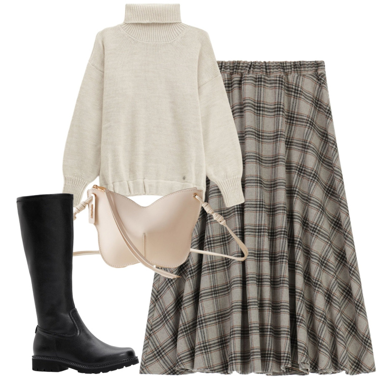 Outfit donna - Please. Stile Casual chic per Tutti i giorni. Abbinamento con stivali, maglieria, gonne longuette, borse a tracolla.