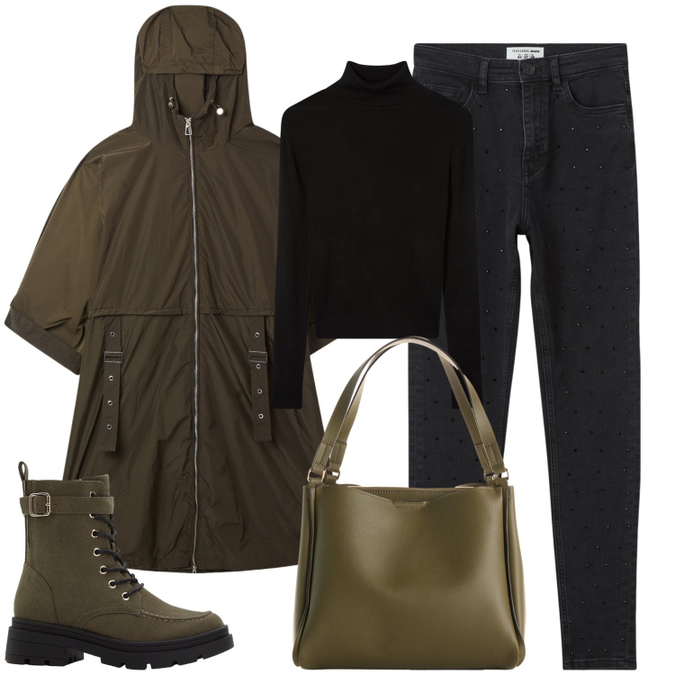 Outfit donna - Per le giornate di pioggia. Stile Glamour per Tutti i giorni. Abbinamento con borse a mano, stivaletti, jeans skinny, trench, maglieria.