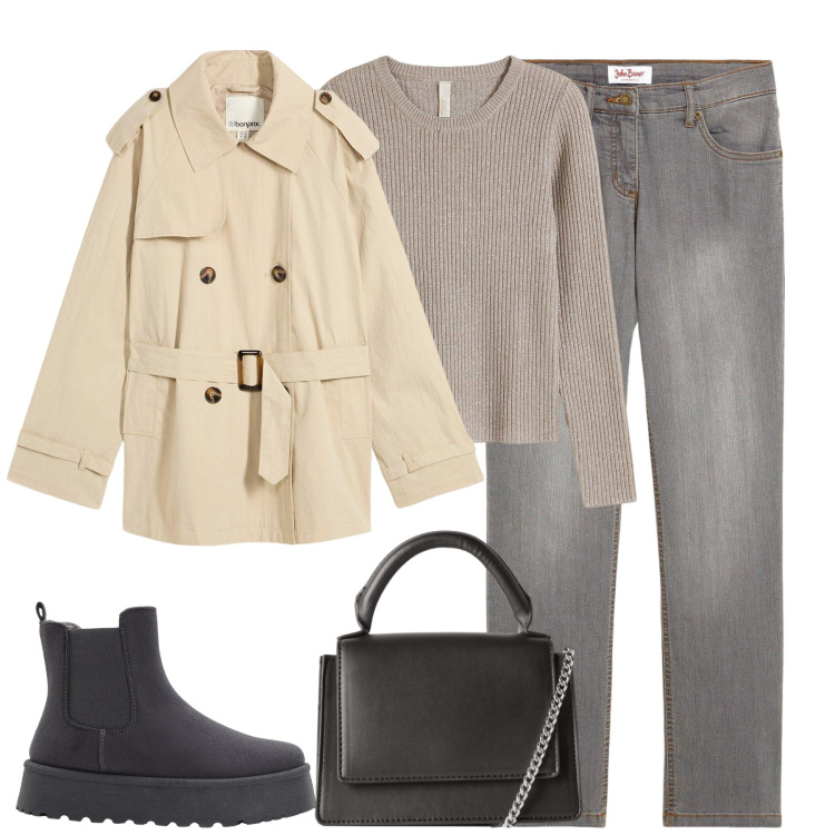 Outfit donna - Total look #2274843. Stile Casual per Tutti i giorni. Abbinamento con maglieria, jeans dritti, trench, stivaletti chelsea, borse a tracolla.