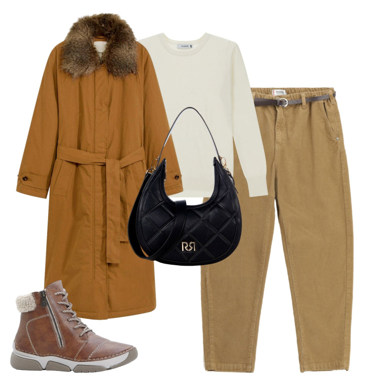 Outfit donna - City. Stile Casual per Tutti i giorni. Abbinamento con stivaletti, trench, borse a tracolla, pantaloni chino, maglieria.