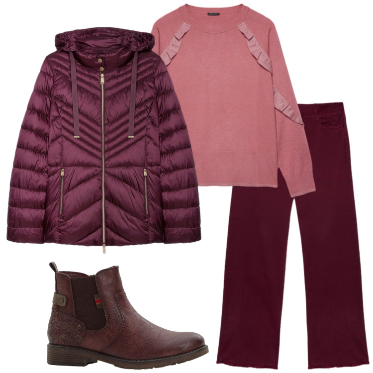 Outfit donna - By Fiorella Rubino. Stile Basic per Tutti i giorni. Abbinamento con stivaletti chelsea, piumini, jeans dritti, maglieria.