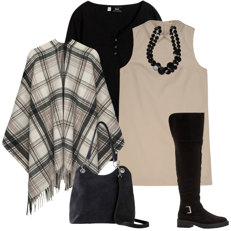 Outfit donna - In ufficio. Stile Glamour per Ufficio. Abbinamento con stivali sopra il ginocchio, cardigans, borse a mano, cappotti, vestiti a tubino, collane.