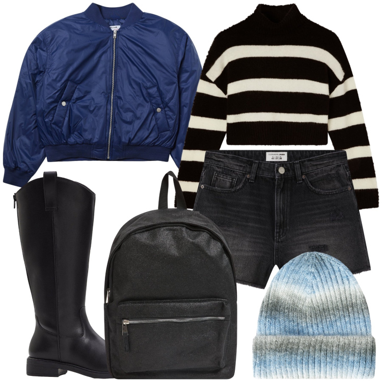 Outfit donna - Weekend. Stile Trendy per Tutti i giorni. Abbinamento con stivali, zaini, bomber, shorts, maglieria, berretti.