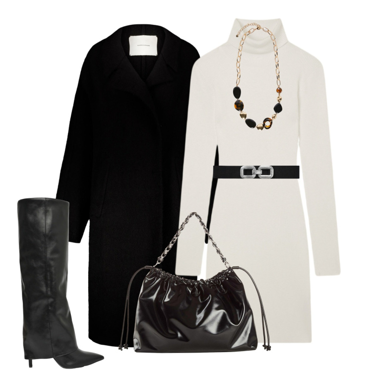 Outfit donna - Ottobre. Stile Urban per Tutti i giorni. Abbinamento con shopping bag, vestiti corti, stivali, cinture, cappotti, collane.