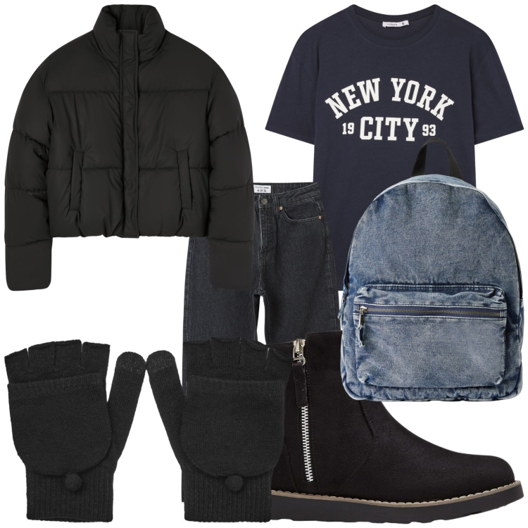 Outfit donna - Halloween a New York. Stile Casual per Tutti i giorni. Abbinamento con stivaletti, jeans mom, zaini, guanti, bomber, t-shirt.
