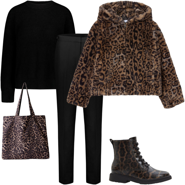 Outfit donna - Accessori maculati. Stile Glamour per Tutti i giorni. Abbinamento con stivaletti, shopping bag, ecopellicce, maglieria, pantaloni chino.