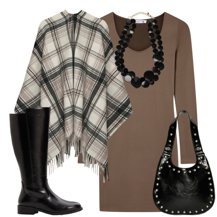 Outfit donna - Fall. Stile Urban per Tutti i giorni. Abbinamento con stivali, vestiti corti, cappotti, collane, borse a spalla.