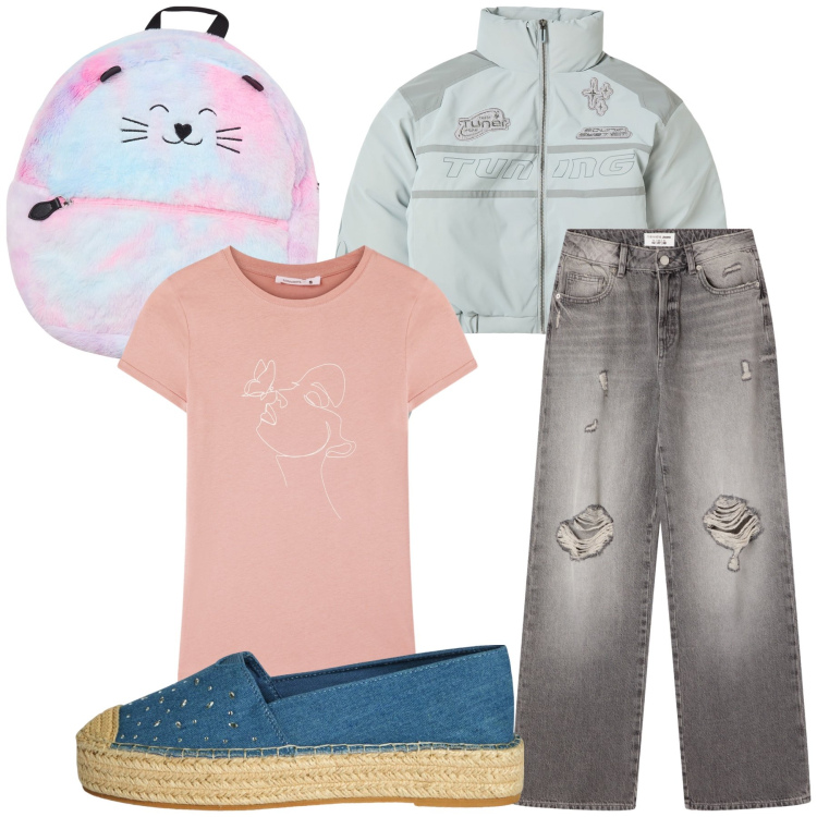 Outfit donna - Tempo libero col gatto. Stile Basic per Tutti i giorni. Abbinamento con zaini, blazer, espadrillas, t-shirt, jeans strappati.